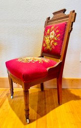 Antique Embroidered Wooden Chair With Wheels