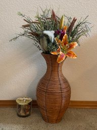 Large Faux Flower Decor With Complimenting Small Dried Flower Jar