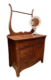 Antique Wood Washstand With Small Vanity Mirror