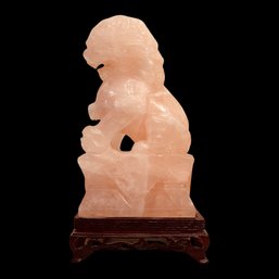 Rose Quartz Carved Chinese Lion With Base