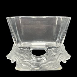 Lalique France Venise Crystal Clear & Frosted Glass Double Lion Head Vase  Bowl