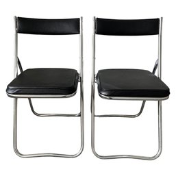 Mid Century Black Leather And Chrome Folding Chairs