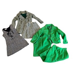 Vintage 1960-1970s Tweed Herringbone Dress, Jacket With Skirt, And Green Set