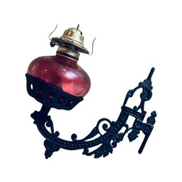 Cranberry Oil Lamp With Iron Wall Hanging Mantle