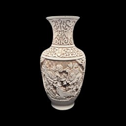 Signed White Chinese Cinnabar Carved Lacquer Vase By Ivory Dynasty