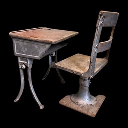 Antique Wooden School Desk And Chair