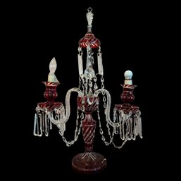 Double Arm Bohemian Candelabrum, Cranberry And Clear Crystal