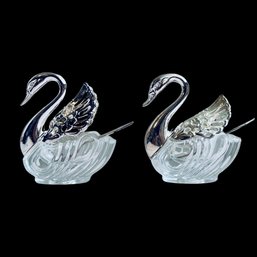 Swan Salt And Pepper Cellars With Spoons, Crystal And Silverplate
