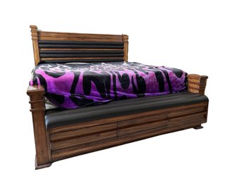 Sleep Number King Sized Mattress With Wood And Leather Headboard And Storage