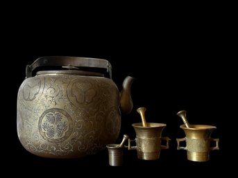 Vintage Etched Brass Tea Pot And Mortar And Pedestals