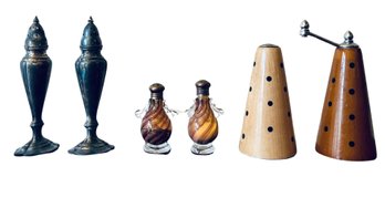Collection Of Salt And Pepper Shakers Including Handblown And Modern Wooden Styled