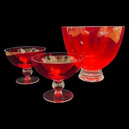Vintage Ruby Red Glass Bowl And Goblets