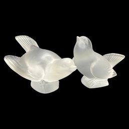 Pair Of Lalique Crystal Frosted Sparrow Dove Birds