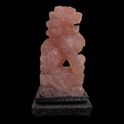 Dark Rose Quartz Carved Chinese Lion With Base