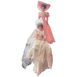 Pair Of Antique Dressed Porcelain Wedding Day Dolls
