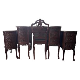 Antique Dark Wood Carved Vanity Desk With Matching Bedside Tables