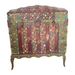 Vintage Green Floral Trunk On Stand