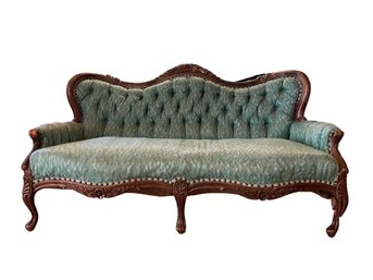 Victorian Style Wood Carved Green Upholstered Couch- See Description