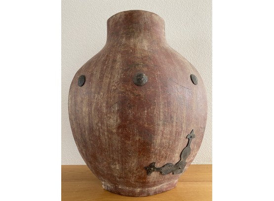Large Decorative Clay Vase With Metal Accents