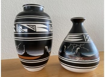 Pair Of Signed Wallace Tom Navajo Lightning Pottery Vessels