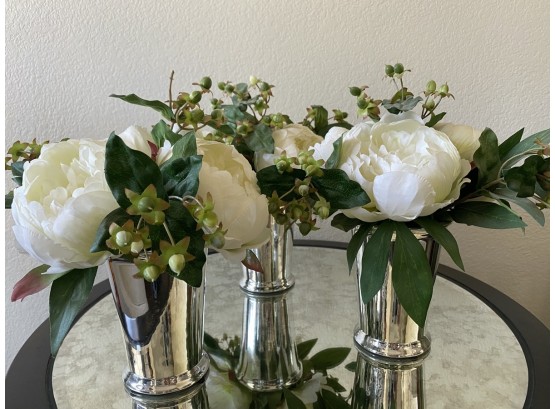 Group Of 3 Artificial Peony Floral Arrangements In Silver Ceramic Vase