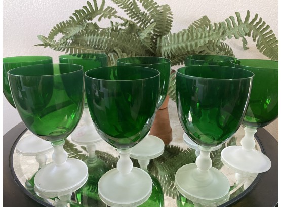Group Of 8 Green Glass Water Goblets With Frosted Glass Base