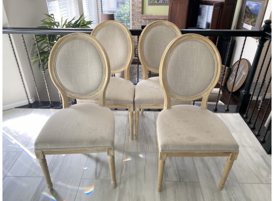 Set Of 4 Distressed Beige Linen Covered Chairs With Whitewash