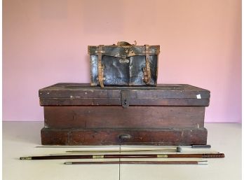 Vintage Hardwood Gun Case With Antique Leather Satchel And Gun Cleaners