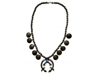 Buffalo Nickel Squash Blossom Necklace With Turquoise Stone Navajo