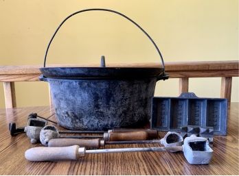 Large Cast Iron Dutch Oven With Lead Melting Tools