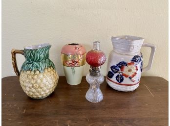 Collection Of Vintage Ceramics And Glass Including Antique Majolica Pineapple Pitcher & Orange Blossom
