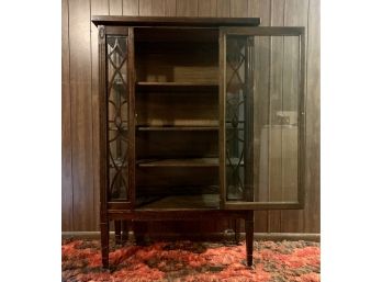 Vintage Wood Cabinet With Glass Panels And Casters