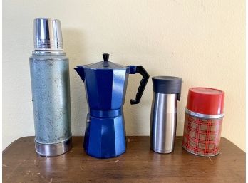 Collection Of Vintage Thermoses And Large Percolator