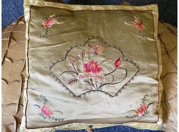 A Nice Collection Of Three Decorative Pillows Including Embroidered Chinese Floral Silk Pillow With Button Clo