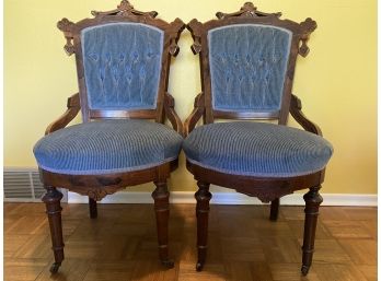 A Pair Of Two Eastlake Victorian Parlor Chairs With Blue Corduroy Velvet Upholstery