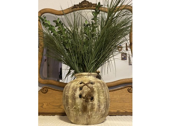 A Great Southwestern Display Piece Featuring Pottery And Tall Artificial Leaves And Branches
