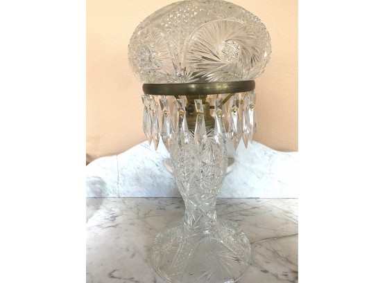 A Stunning American Brilliant Cut Glass Hurricane Lamp With Chandelier Crystal Pendants