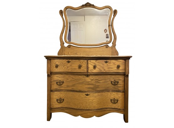 Fabulous Antique Quarter Sawn Oak Serpentine Dresser With Vanity Mirror And Ornate Hardware
