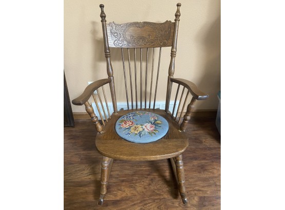 Antique Spindle Back Commode Rocker With Needlepoint Floral Embroidery Insert