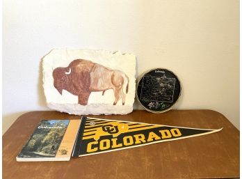 Collection Of Colorado Memorabilia Including Slate Buffalo Art