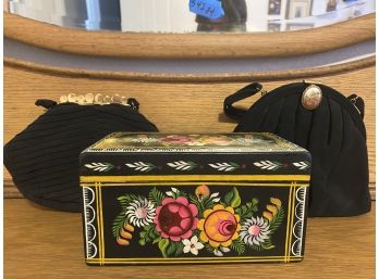 Lovely Floral Painted Folk Art Box With Two Vintage Handbags