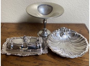 A Nice Grouping Of Three Pewter And Silver-plate Serving Pieces Including Antique Butter Dish