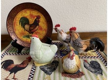 A Fun Grouping Of Rooster Kitchen Decor Including Placemats