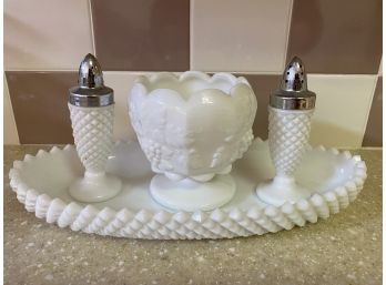 Vintage Milk Glass Items Including Tray, Pedestal Bowl And Salt & Pepper Shakers