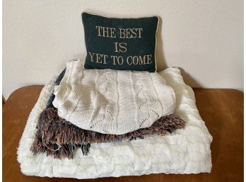 Collection Of Blankets And Needlepoint Throw Pillow