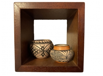 A Small Square Wall Shadow Box Shelf With Signed Miniature Acoma Pottery Pieces