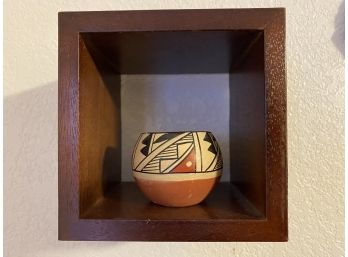 Miniature Native American Signed Pottery Piece In Shadowbox Wall Shelf