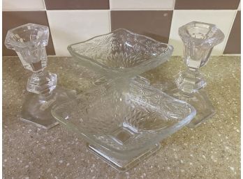 A Nice Grouping Of Vintage Glassware Including Diamond Shaped Pedestal Dishes And Candle Holders