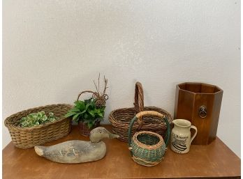 Lot Of Baskets Wood Champagne Bucket Duck Decoy And America Pitcher