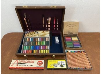 Artist Pastels And Watercolors With Wood Case